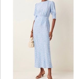RIXO Lucile Buttercup Floral Dusk Blue White Midi Dress Size S